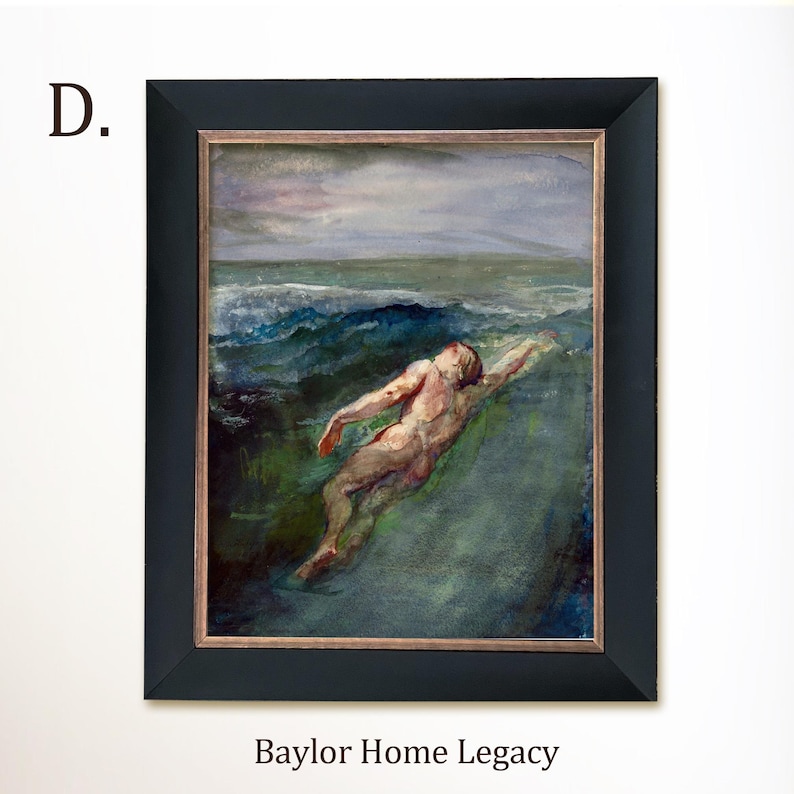 Framed Nude Male Watercolor Painting Canvas Print, Framed Vintage Skinny Dipping Male Swimming Canvas Art, D - Black Frame