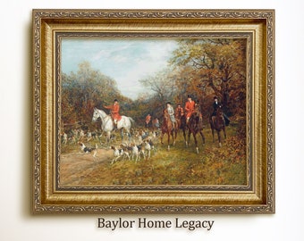 Framed Fox Hunting Oil Painting Print on Canvas, Framed Fox Hunting Scene, Horses and Hounds Wall Art, Equestrian Décor