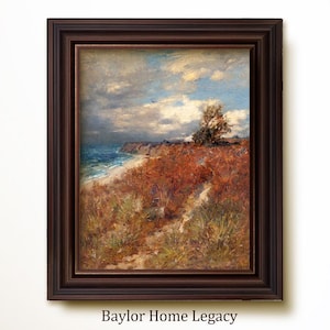 Framed Martha&#39;s Vineyard Landscape Canvas Print of Antique Oil Painting , New England Coast Scene Oil Painting Print on Canvas, Seascape Art