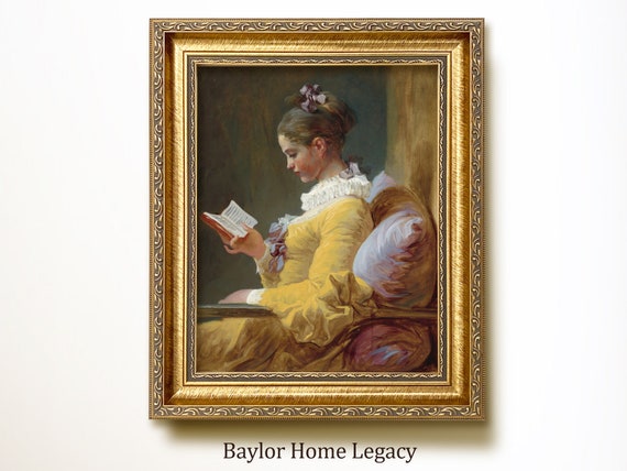 Framed 18th Century Woman in Yellow Dress Reading Oil Painting Canvas Print, Classic Vintage French Portrait Wall Art Picture