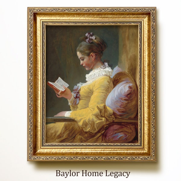 Framed 18th Century Woman in Yellow Dress Reading Oil Painting Canvas Print, Classic Vintage French Portrait Wall Art Picture