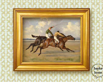 Framed Race Horses Painting, Horse Race Oil Painting Print on Canvas, Vintage Horse Print, Horse Wall Art