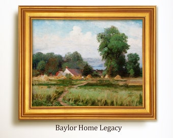 Framed Landscape Oil Painting Print on Canvas, Vintage Print of a Landscape with Cottage