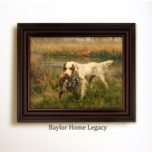 Framed Pointer Retrieving Mallard Oil Painting Canvas Print; Vintage Bird Dog Hunting Scene; Framed Spaniel Duck Hunting Painting on Canvas