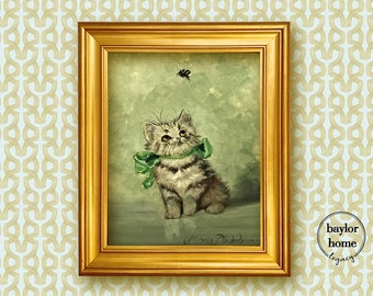 Framed Cat and Bumble Bee Oil Painting Print on Canvas, Vintage Cat Painting with a Bee on a Green Background