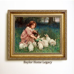Girl Feeding White Rabbits Oil Painting Canvas Print, Framed or Unframed Vintage Bunny Wall Art, Child and Rabbit Wall Art, White Rabbit Art