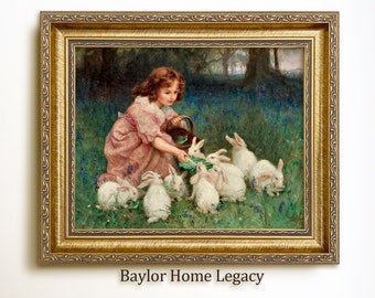 Girl Feeding White Rabbits Oil Painting Canvas Print, Framed or Unframed Vintage Bunny Wall Art, Child and Rabbit Wall Art, White Rabbit Art
