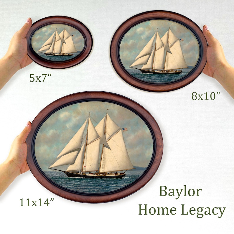Framed Oval Sailboat Canvas Art Print of Antique Oil Painting, Schooner Painting in Oval Frame, Yacht Painting in Wood Frame image 7