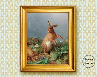 Framed Rabbit Painting on Canvas, Rabbit Oil Painting Print on Canvas, Vintage Rabbit Painting, Antique Bunny Art Print, Rabbit Wall Art