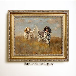 Framed Pair of English Setters Oil Painting Print on Canvas, Vintage Bird Dogs in a Field,  Vintage Hunting Dogs Wall Art Print