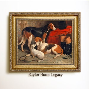 Framed Terrier and Foxhounds Oil Painting Canvas Print, 19th Century Equestrian Fox Hunting Wall Art, Vintage English Fox Hunting