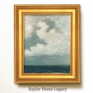Framed Blue Sky with Clouds Oil Painting Canvas Print, Vintage Cloud Painting Over the Ocean with Sun,