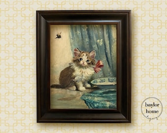 Framed Cat with Pink Bow Eyeing a Bumble Bee Oil Painting Print on Canvas, Vintage Painting of a Cat with a Bee and a Blue Curtain