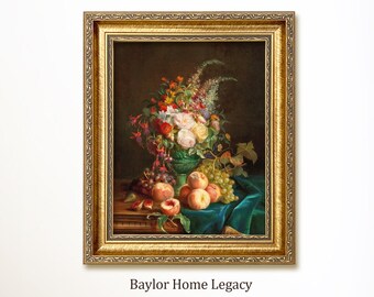 May include: A framed still life painting featuring a vibrant floral arrangement in a green vase, alongside peaches and grapes. The artwork is set against a dark background with a teal cloth, and is enclosed in a gold ornate frame.