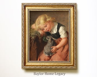 Framed Girl Holding Bunny Oil Painting Canvas Print; Child and Rabbit Framed Vintage Art Print; Farmhouse Woodland Animal Nursery Decor