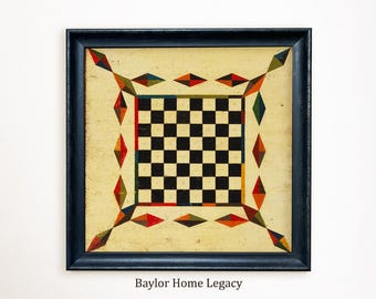 Checkerboard Game Board Print Framed Canvas Art, Primitive Folk Art Wall Decor, Early American Gameboard Artwork, Vintage Americana