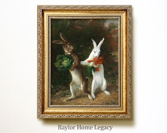 Framed Rabbits Oil Painting Print on Canvas, Framed Walking Rabbits Canvas Art Print of Antique Oil Painting, Framed Rabbit Art