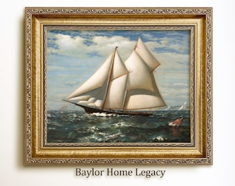 Framed Double Masted Schooner Sailboat Oil Painting Print on Canvas, Vintage Nautical Sailing Print, Yachting Giclée Wall Art