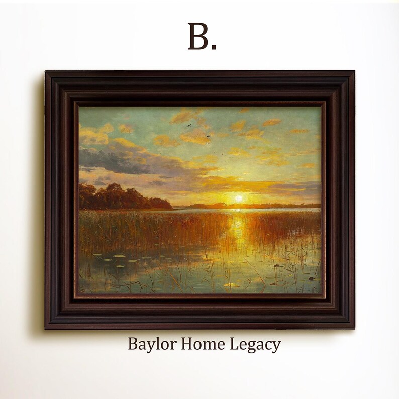 Framed Sunset Painting, Oil Painting Print on Canvas of Sunset Over a ...