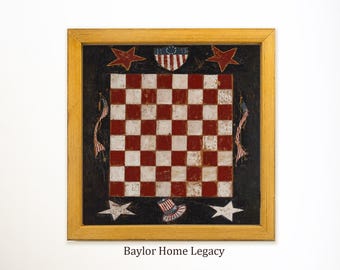 Checkerboard Canvas Print, Framed or Unframed, Primitive Folk Art Wall Decor, Early American Gameboard Artwork, Vintage Americana Canvas Art