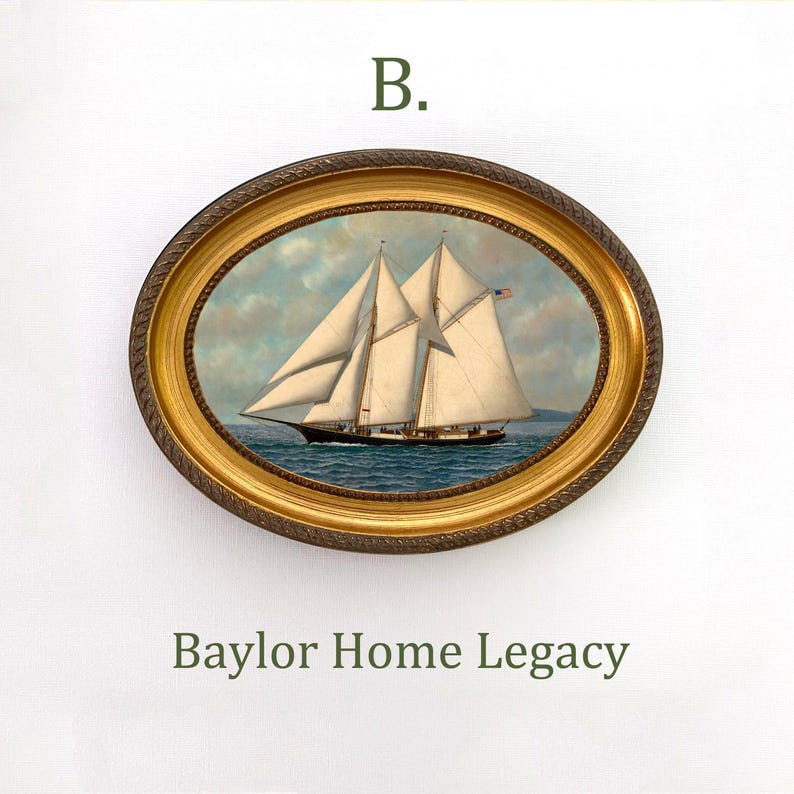 May include: A framed painting of a sailboat with white sails and a blue hull, set against a blue sky with white clouds. The frame is gold with a decorative border. The text "B. Baylor Home Legacy" is below the painting.