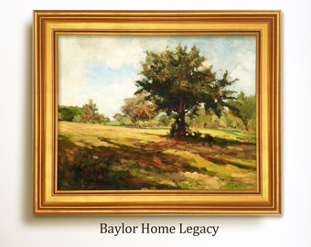 Framed Landscape Canvas Art Print of Oil Painting: Wood Framed Tree Landscape Artwork, Countryside Decor