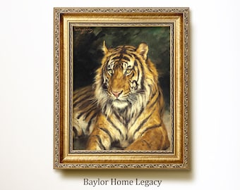 Framed Tiger Painting, Tiger Oil Painting Print on Canvas, Vintage Print of a Tiger