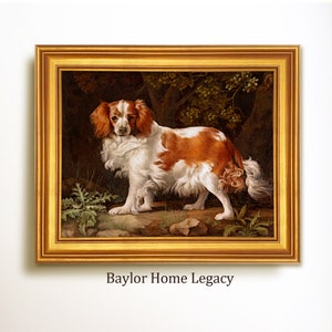 Framed Cavalier King Charles Spaniel Oil Painting Canvas Print, Rustic Country Farmhouse Vintage Dog Wall Art