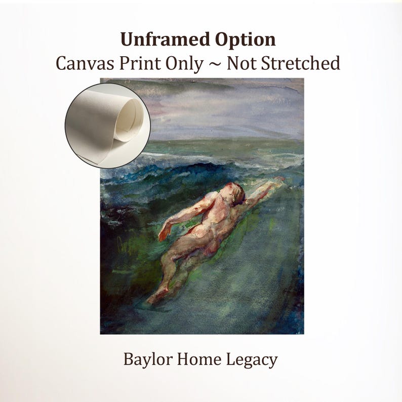 Framed Nude Male Watercolor Painting Canvas Print, Framed Vintage Skinny Dipping Male Swimming Canvas Art, ROLLED Canvas Only