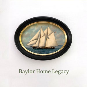Framed Oval Sailboat Canvas Art Print of Antique Oil Painting, Schooner Painting in Oval Frame, Yacht Painting in Wood Frame