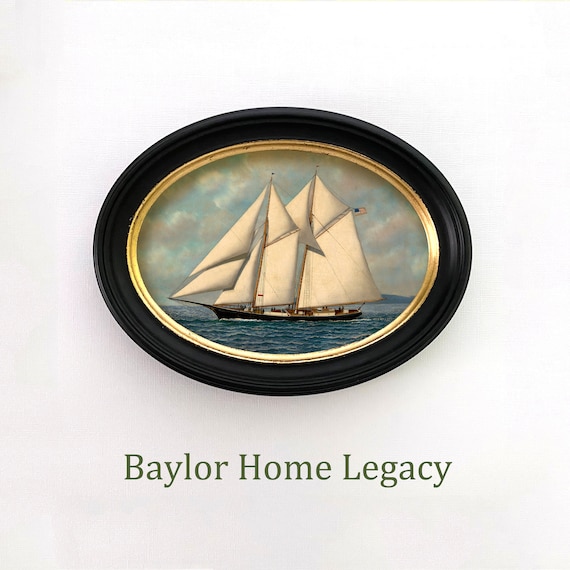 Framed Oval Sailboat Canvas Art Print of Antique Oil Painting, Schooner Painting in Oval Frame, Yacht Painting in Wood Frame