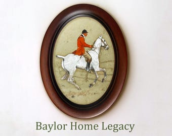 Framed Oval Fox Hunter Canvas Art Print, Fox Hunter Painting Print on Canvas, Equestrian Wall Art, Fox Hunt Decor