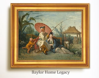 Framed 18th Century Chinese Oil Painting Canvas Print, Framed Famous Chinese Fishing Canvas Print, Chinese Art Print