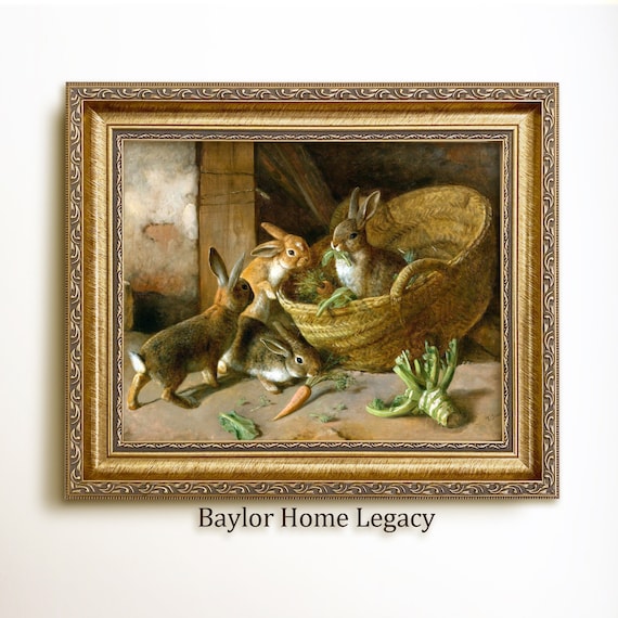 Framed Rabbit Painting Print on Canvas; Framed Vintage Bunny Oil Painting; Bunnies in Basket with Carrots Wall Art