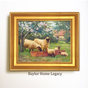 Framed Sheep Oil Painting Canvas Print, Framed Sheep Canvas Art Print of Antique Oil Painting, Sheep Art