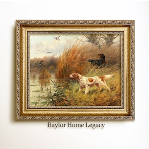 Framed Pair of Pointers Hunting Ducks Stream Side, Oil Painting Print on Canvas, Vintage Bird Dog Print, Giclée Wall Art