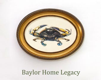 Framed Oval Crab Canvas Print, Blue Crab Painting in Oval Frame, Maryland Blue Crab Print in Wood Frame