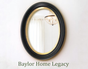 Oval Wood Framed Mirror, Vintage Style Small Wood Oval Mirror, Black with Gold Lip Antique Style Mirror