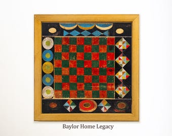 Checkerboard Game Board Print Framed Canvas Art, Primitive Folk Art Wall Decor, Early American Gameboard Artwork, Vintage Americana