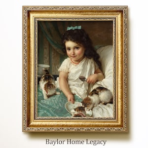 Framed Girl and Kittens Oil Painting Print on Canvas, Framed Child Feeding Kittens Wall Art, Vintage Cat Art