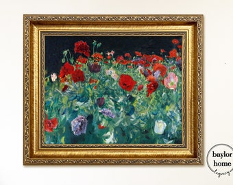 Framed Poppies Oil Painting Print on Canvas, Vintage Floral Landscape Painting of Poppies in Gold Frame
