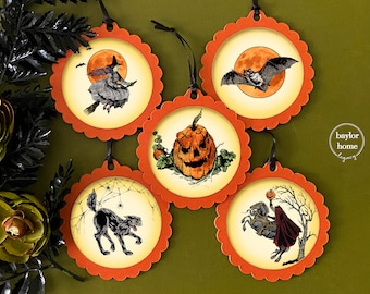 Set of 5 Handmade Halloween Ornaments for Tree; Vintage Halloween Ornaments; Indoor Halloween Decorations; Custom Set by Request