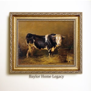 Framed Cow Canvas Art Print of Antique Oil Painting, Framed Bull Oil Painting Print on Canvas, Bull Art