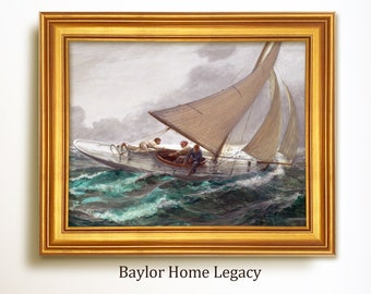 Framed Small Sailboat Oil Painting Print on Canvas, Vintage Nautical Sailing Print, Sail Boat Wall Art, Summer Beach Cottage Wall Art