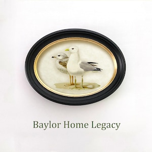 May include: An oval framed print featuring two seagulls. The birds are depicted in shades of white, gray, and brown, standing on a sandy area. The frame is black with a gold inner edge. The text "Baylor Home Legacy" is below the frame.