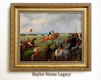 Framed Steeplechase Oil Painting Canvas Print, Framed Horse Race Art Print, Vintage Steeple Chase Artwork