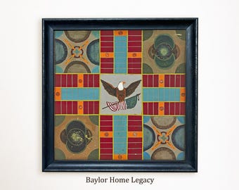 Parcheesi Game Board Canvas Print Framed or Unframed, Antique Style Folk Art Board Game, Unique Game Room Decor, Game Room Wall Art