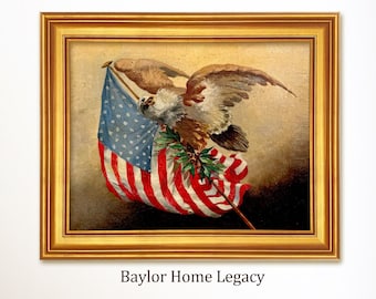 Lámina enmarcada de la bandera estadounidense, reproducción de una pintura al óleo antigua, arte vintage de bandera y águila, arte americano en marco de madera, arte mural patriótico, decoración con banderas