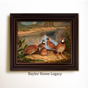 Framed Bobwhite Quail in River Landscape, Oil Painting Print on Canvas