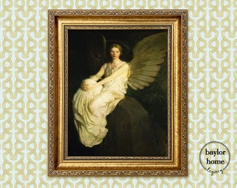 Framed Angel Oil Painting Print on Canvas, Framed Vintage Angel Picture in Wood Frame